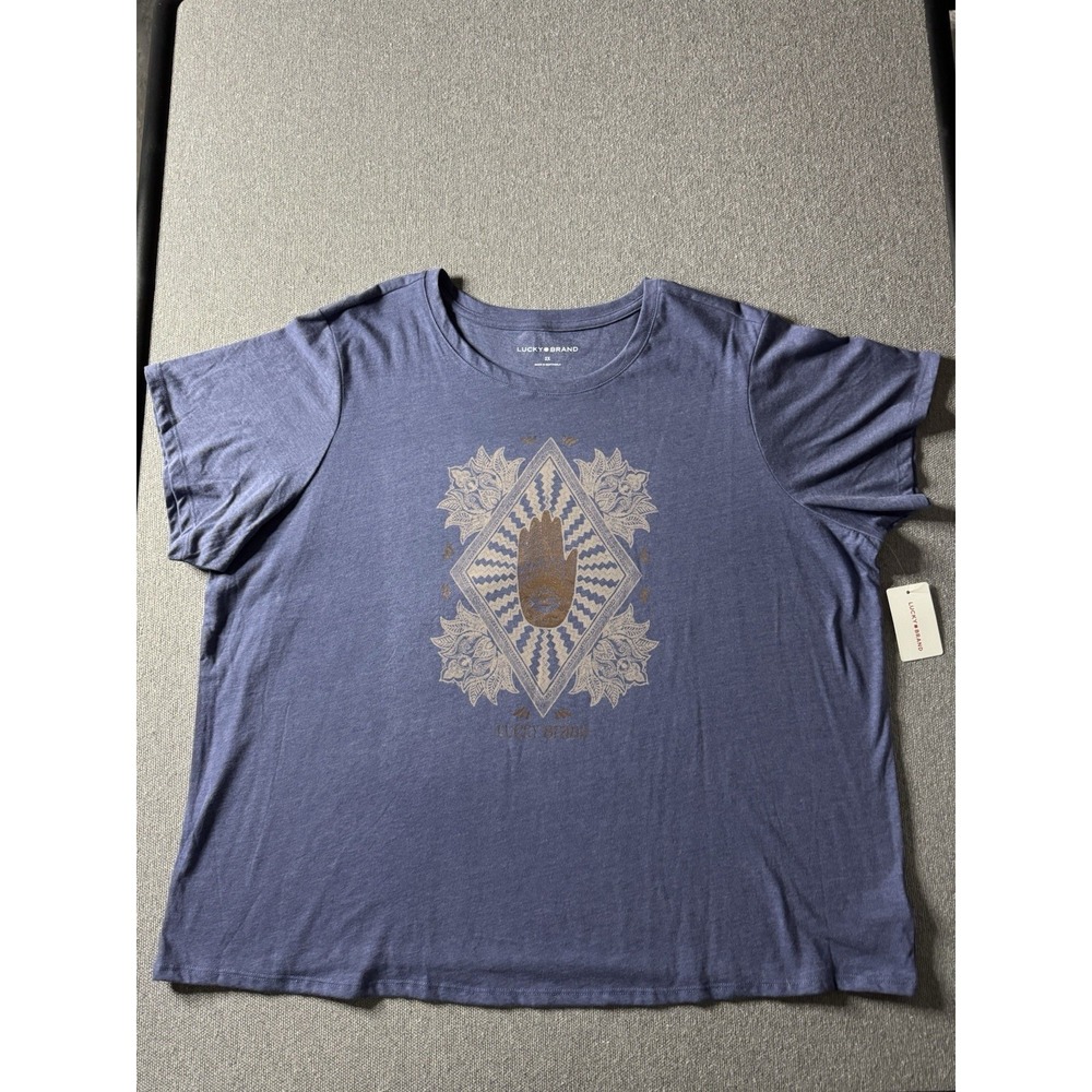 Lucky Brand Women's Eye Of Hamsa Short Sl Shirt 2X Blue With Gold Design Cotton